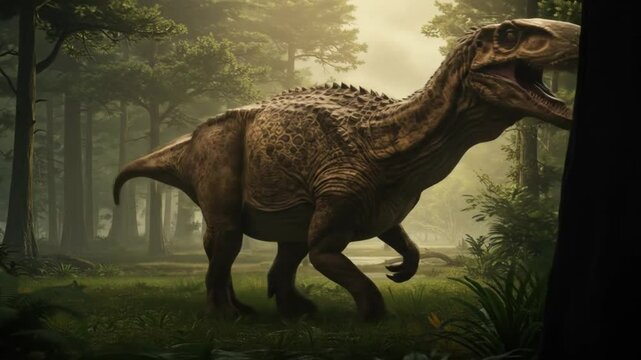Iguanodon Roaming Ancient Earth: A captivating illustration of an Iguanodon dinosaur, its powerful form striding through the prehistoric forest, bringing the ancient world to life.