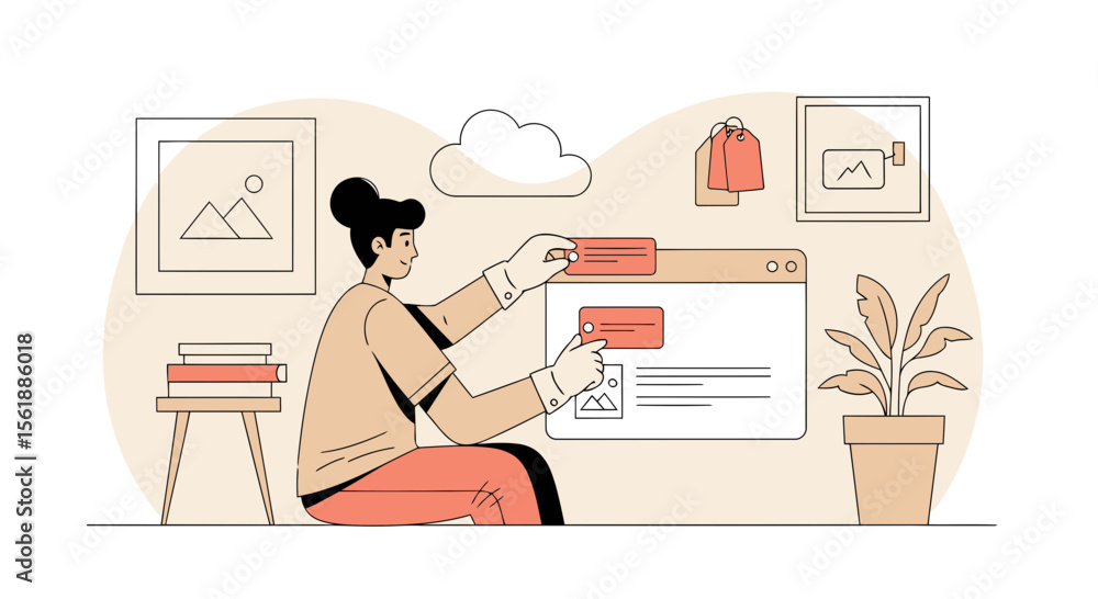 Poster creative woman designing website layout concept and placing elements on interface