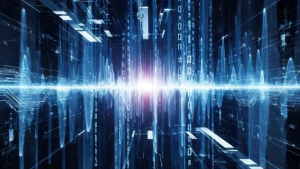 Futuristic digital cityscape with glowing blue lines, abstract data streams, cinematic light effects, and advanced technology innovation, featuring digital soundwave, binary code, and high tech - Powered by Adobe