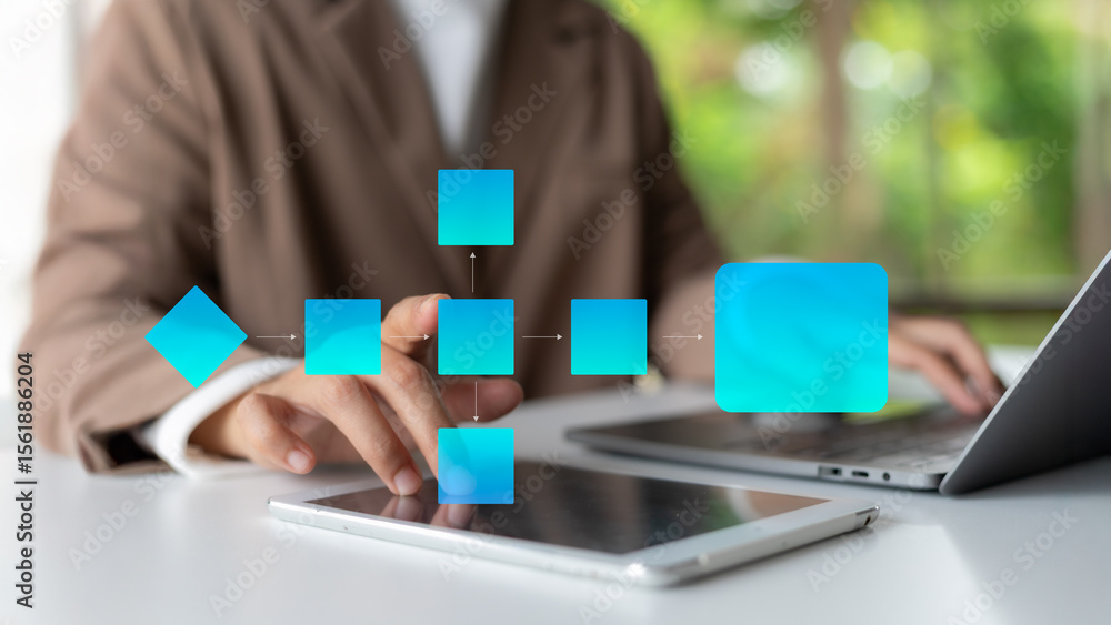 Poster a businesswoman using a tablet to interact with a digital flowchart diagram, symbolizing process opt
