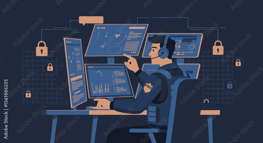 Poster cybersecurity analyst monitoring data for threats and intrusions for network protection