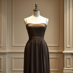 Dark brown satin spaghetti strap evening gown on mannequin in elegant room