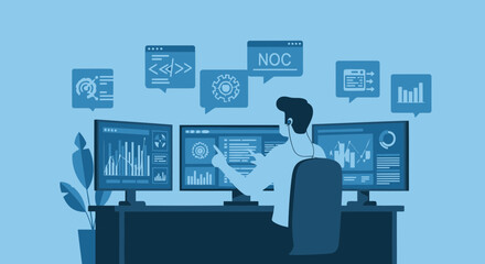 Network Operations Center Engineer Working on Multiple Monitor Computer Screens