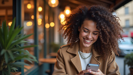 Young woman with curly hair smiling while using smartphone in street cafe
