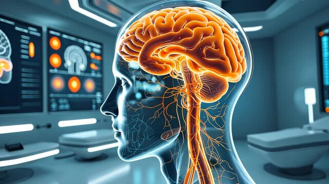 3D Render of Human Brain and Nervous System in High-Tech Medical Laboratory with Digital Diagnostic Interfaces

