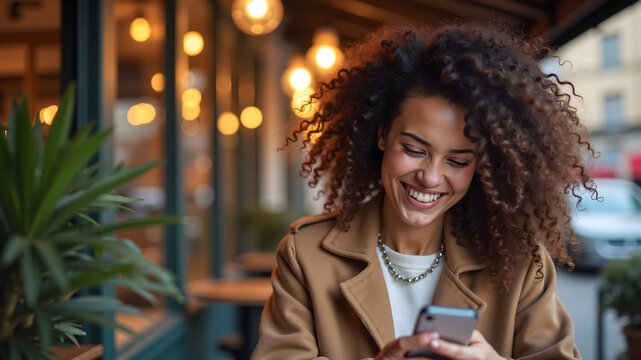 Young woman with curly hair smiling while using smartphone in street cafe

