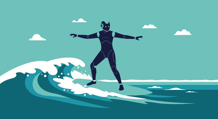 Robot Surfer Rides A Wave Under A Bright Sky Enjoying Summer Vacation