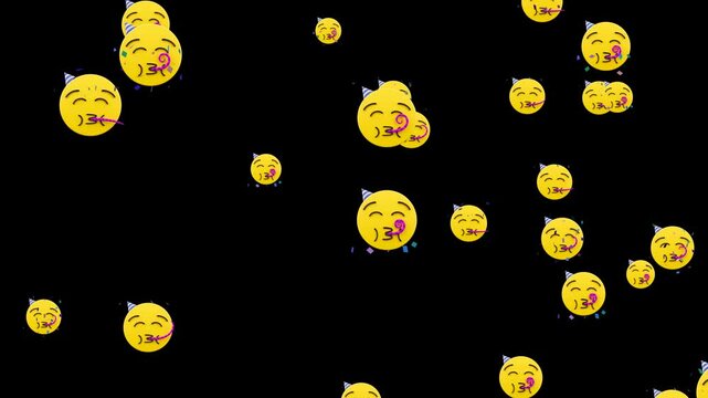 emoji face birthday party confetti loop alpha channel animation, flying emoticons celebration and aniversary motion design element