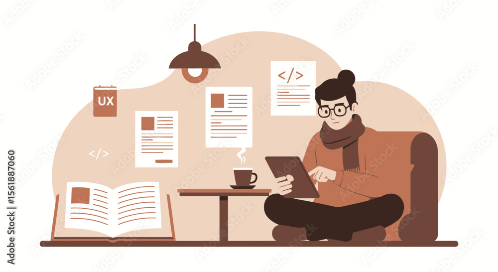 Poster developer enjoying coffee and working remotely with tablet at home