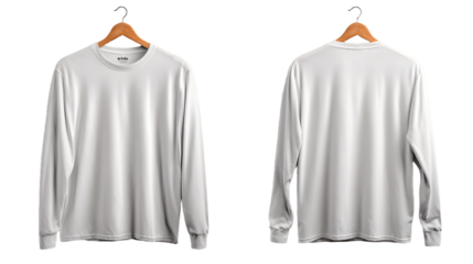 A detailed flatlay showing a plain white long sleeve t-shirt, displayed from both the front and back, on a clean, light-colored background. The shirt is free of logos or embellishments,