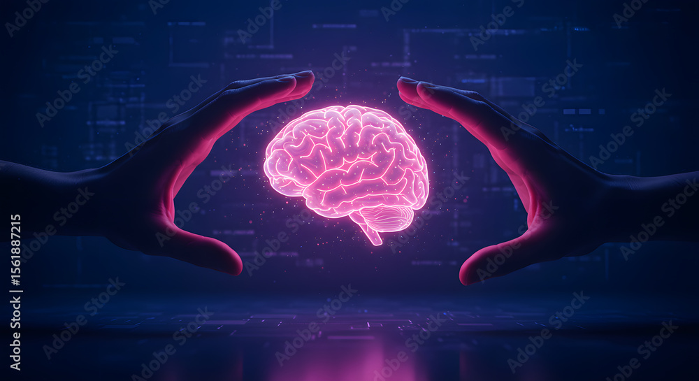 Poster brain technology innovation idea, mind science knowledge intelligence, artificial intelligence data 