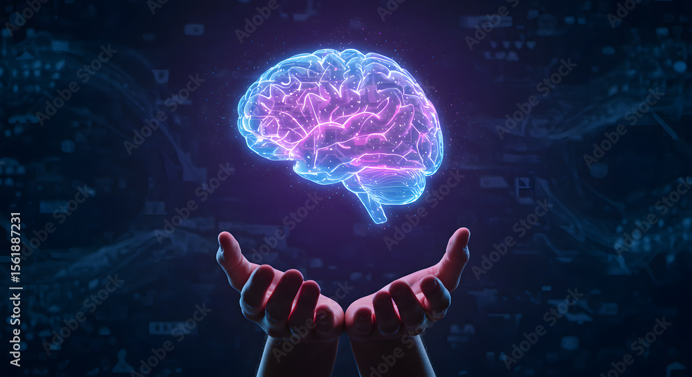 Poster brain technology innovation idea, mind science knowledge intelligence, artificial intelligence data 