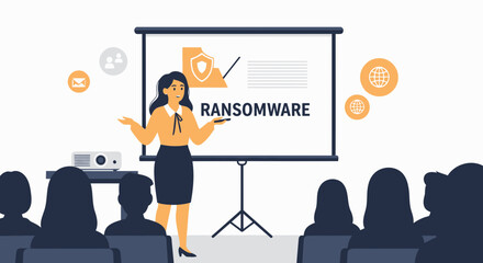 Professional Woman Giving a Presentation About Cybersecurity and Ransomware Threats