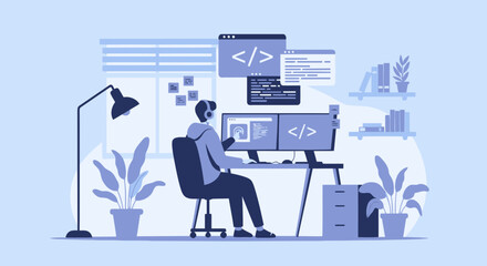 Developer Working Remotely From Home With Dual Monitors And Coding Environment