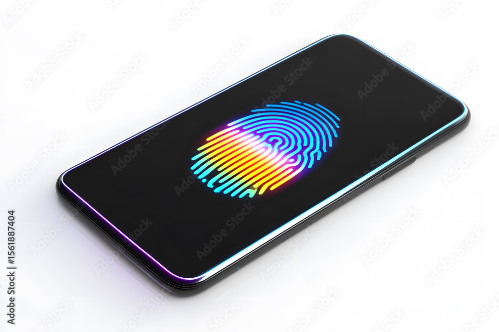 Fototapete Sleek smartphone displaying biometric fingerprint scanner on screen, futuristic glowing interface, white background