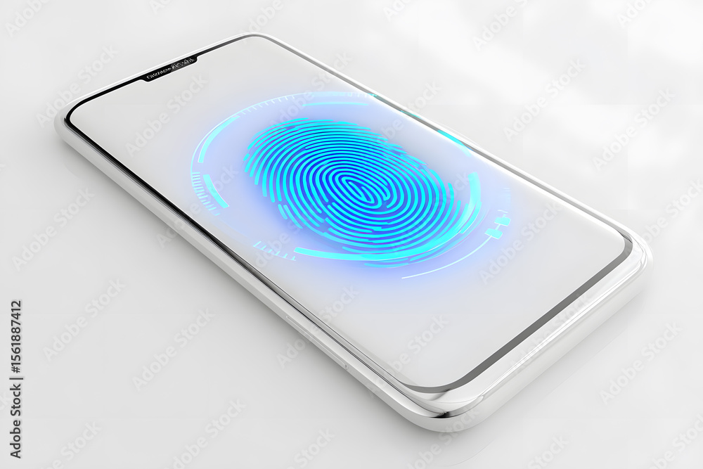 Fototapete Sleek smartphone displaying biometric fingerprint scanner on screen, futuristic glowing interface, white background