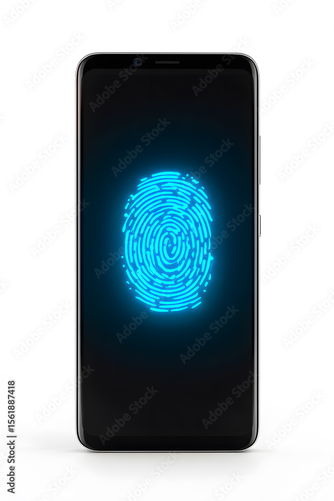 Poster sleek smartphone displaying biometric fingerprint scanner on screen, futuristic glowing interface, w