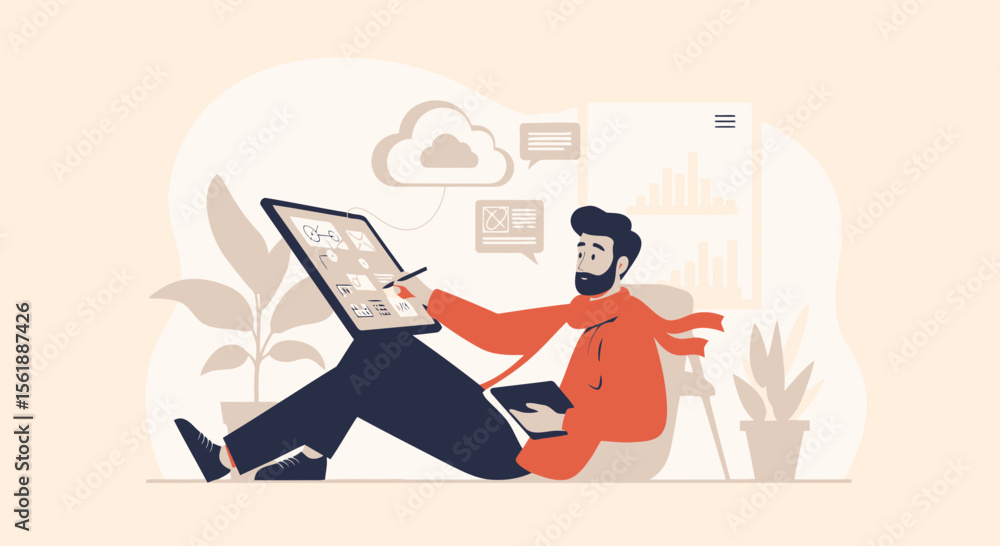 Aufkleber digital nomad working from home with tablet and cloud technology connection concept