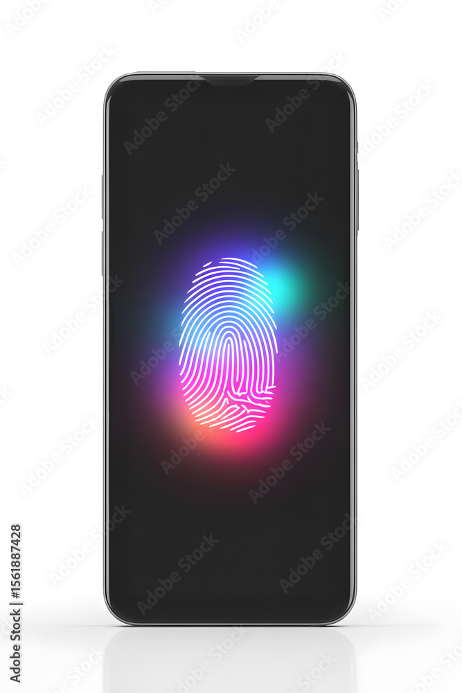 Aufkleber sleek smartphone displaying biometric fingerprint scanner on screen, futuristic glowing interface, w