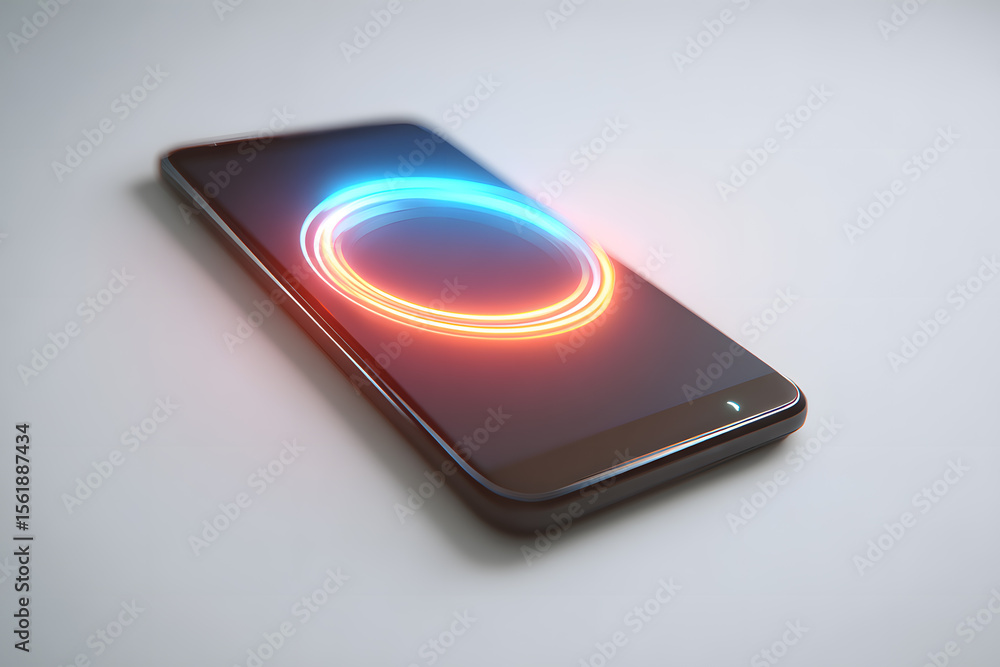 Poster smartphone with abstract glowing interface, isolated on soft white background