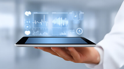 Smart tablet showing diagnostic data in doctor's hand, digital interface overlay, hospital background 