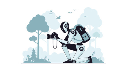 Robotic Photographer Exploring Wilderness Capturing Nature's Beauty In A Forest Setting