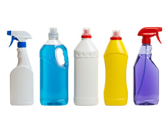 Assortment of cleaning supplies and products for home cleaning and sanitization Isolated on transparent background