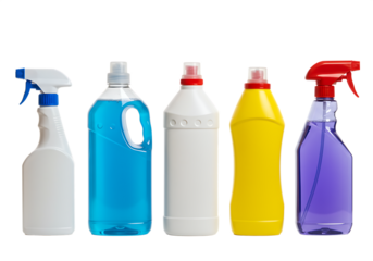 Assortment of cleaning supplies and products for home cleaning and sanitization Isolated on transparent background