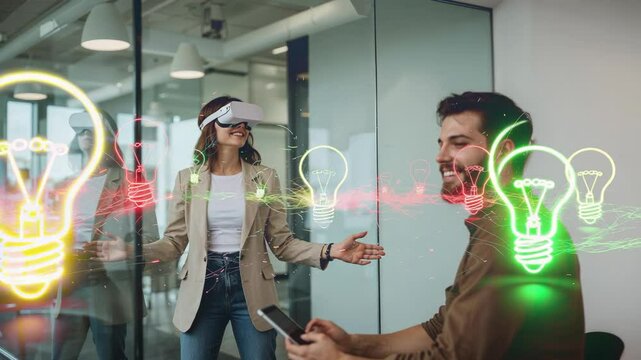 Woman donning VR headset interacting with lightbulb icons in office demo as man tapping tablet