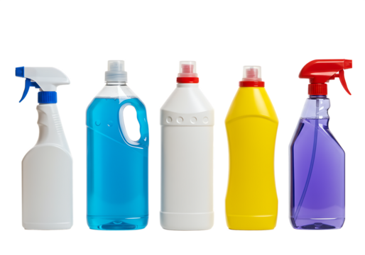 Assortment of cleaning supplies and products for home cleaning and sanitization Isolated on transparent background - Powered by Adobe