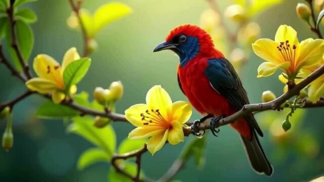 Striking scarlet minivet bird perches gracefully on a branch adorned with vibrant yellow blossoms in a natural setting.