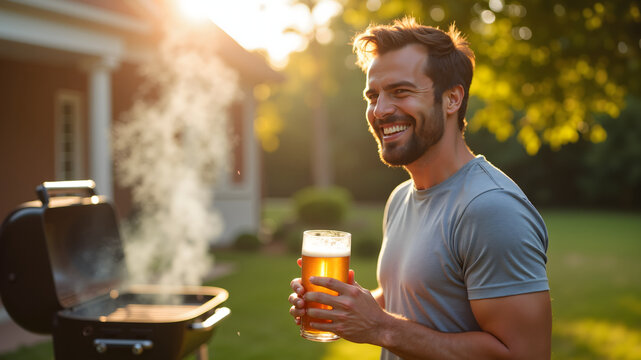 Man smiling while holding cold beer and taking sip of foamy drink in sunlit backyard with smoking grill in background and enjoying summer picnic
