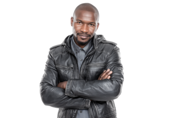 confident man with arms crossed wearing black leather jacket isolated on white background