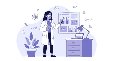 Scientist Explaining Financial Data On Screen In Laboratory Cartoon Illustration