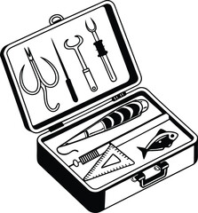 Vector illustration of fishing tackle box with tools, bait, hook, ruler, and fish silhouette for angler gear and outdoor sport
