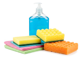 Cleaning supplies featuring liquid soap, sponges, and colorful microfiber cleaning cloths Isolated on transparent background