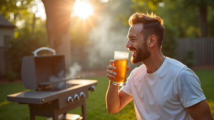 Man smiling while holding cold beer and taking sip of foamy drink in sunlit backyard with smoking grill in background and enjoying summer picnic
