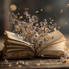 an old open book with delicate dried flower petals and small aromatic herbs emerging and gently spilling out from between the pages, warm soft natural lighting, textures on the paper and petals