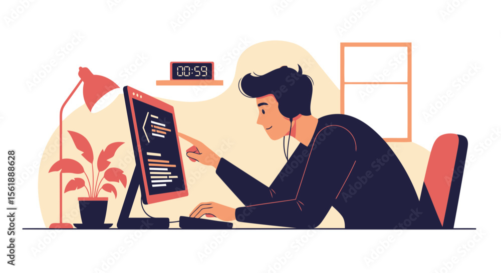 Poster focused developer working on code at home during late night hours