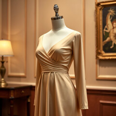 Long sleeve gold satin gown with wrap front on dress form in vintage room