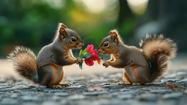 Two squirrels sharing a rose flower.