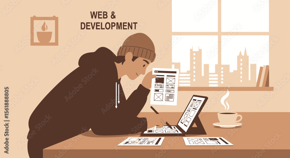 Poster freelance web developer creating a website layout at home brown toned background