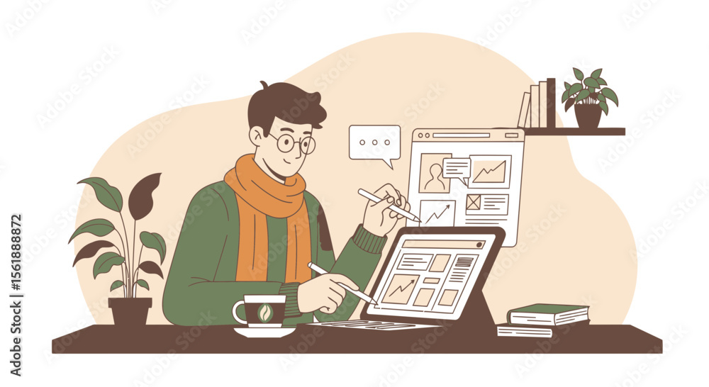Poster freelancer working on website design from home using tablet with a cup of coffee
