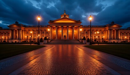 Fototapeta premium Illuminated neoclassical building at dusk with symmetrical architecture and warm lighting