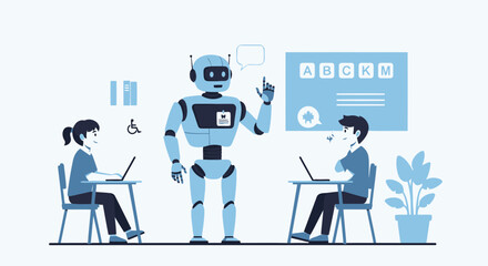 Futuristic Classroom With Robot Teacher And Students Embracing Modern Education
