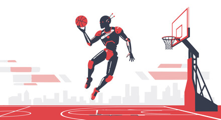Futuristic Robot Basketball Player Performing a Slam Dunk in the City
