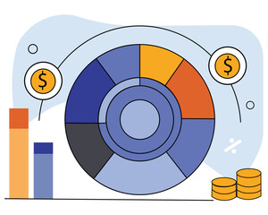 Pie Chart Displaying Segmented Business Expenses With Flat Color Blocks and Coin Icons, Featuring a Simple and Clean Financial Design