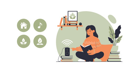 Girl Reads A Book While Listening To Music And Nature Sound On A Smart Speaker
