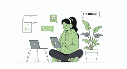 Girl Receiving Feedback From Tablet With A Plant And Laptop Cartoon Illustration