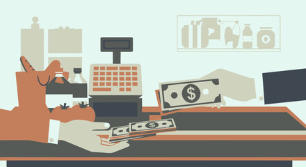 Groceries Purchase With Cash Payments At The Supermarket Checkout Flat Design